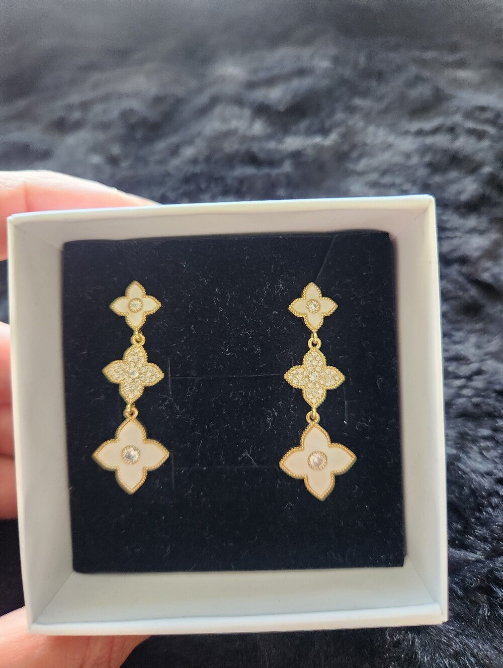 Gold and White Floral Drop Earrings with Crystal Centers